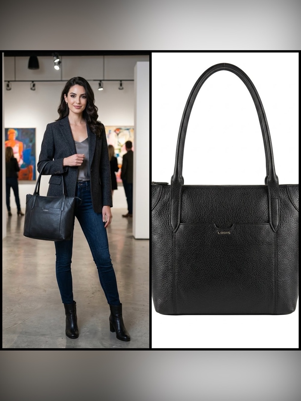 Lodis Black Pebbled Leather Tote with Top Handles Old Money Work Handbag 15x14x4